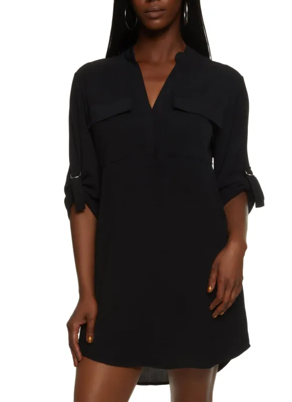 Double Pocket Tabbed Sleeve Shirt Dress sold by Rainbow