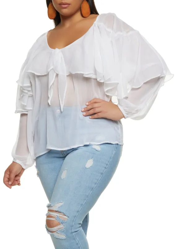 Plus Size Knot Detail Waterfall Frill Blouse made by Rainbow