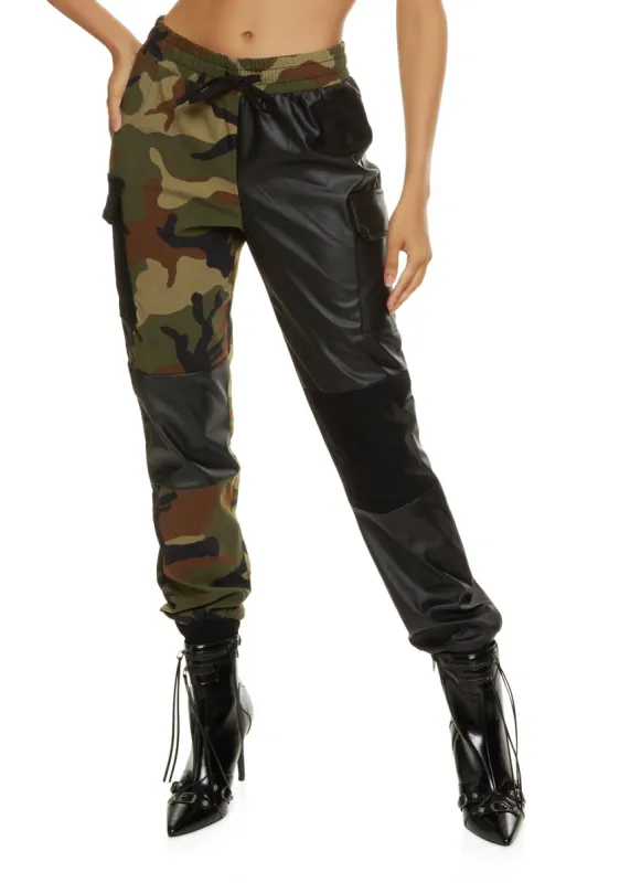 Camo Faux Leather Color Block Joggers sold by Rainbow