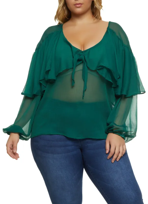 Plus Size Knot Detail Waterfall Frill Blouse made by Rainbow