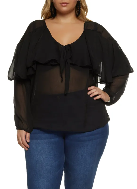 Plus Size Knot Detail Waterfall Frill Blouse sold by Rainbow