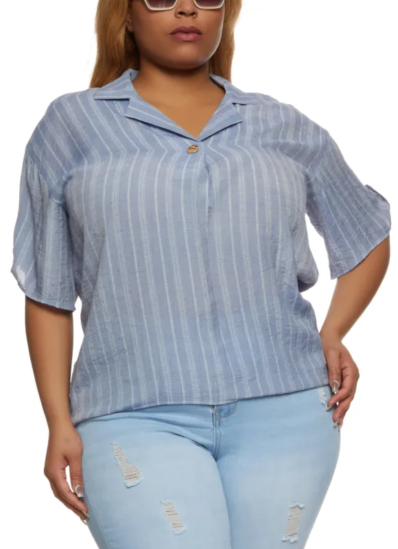 Plus Size Striped Gauze Knit Tabbed Sleeve Shirt sold by Rainbow