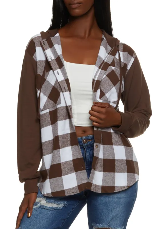 Plaid Button Front Long Sleeve Hooded Top sold by Rainbow