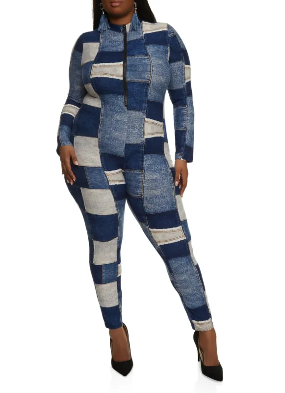 Plus Size Patchwork Print Zip Neck Jumpsuit sold by Rainbow