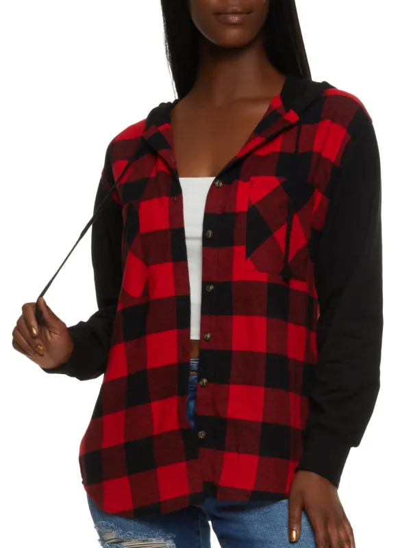 Plaid Button Front Long Sleeve Hooded Top sold by Rainbow
