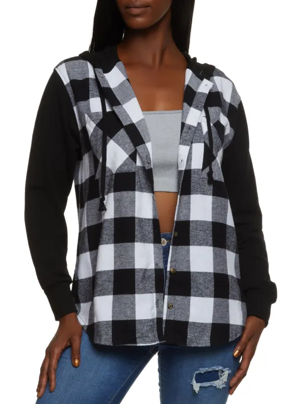 Plaid Button Front Long Sleeve Hooded Top sold by Rainbow