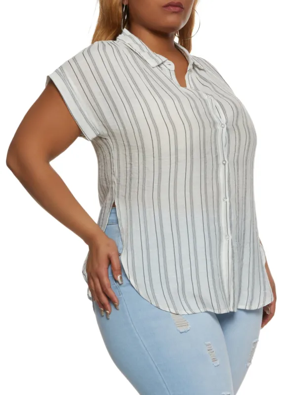 Plus Size Gauze Knit Striped Button Front Shirt sold by Rainbow