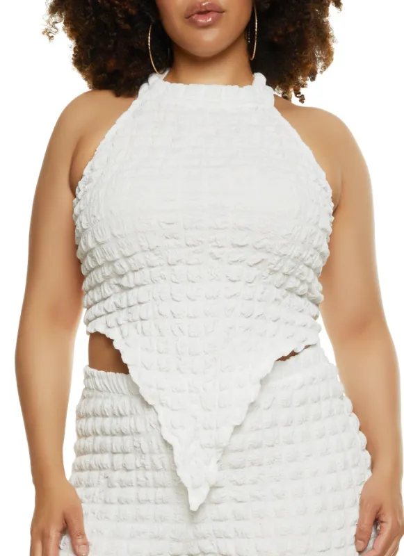 Plus Size Bubble Knit Hanky Hem Halter Top sold by Rainbow