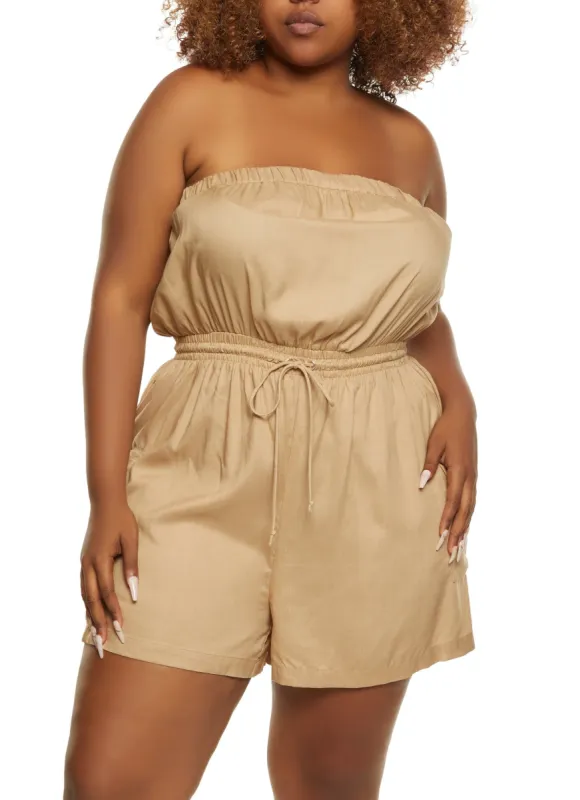Plus Size Drawstring Waist Strapless Romper sold by Rainbow