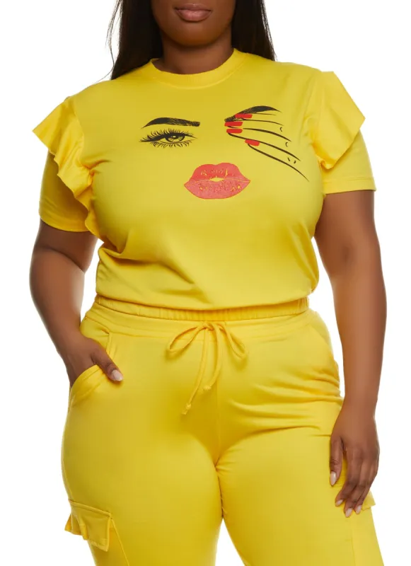 Plus Size Ruffle Sleeve Cropped Graphic Tee sold by Rainbow