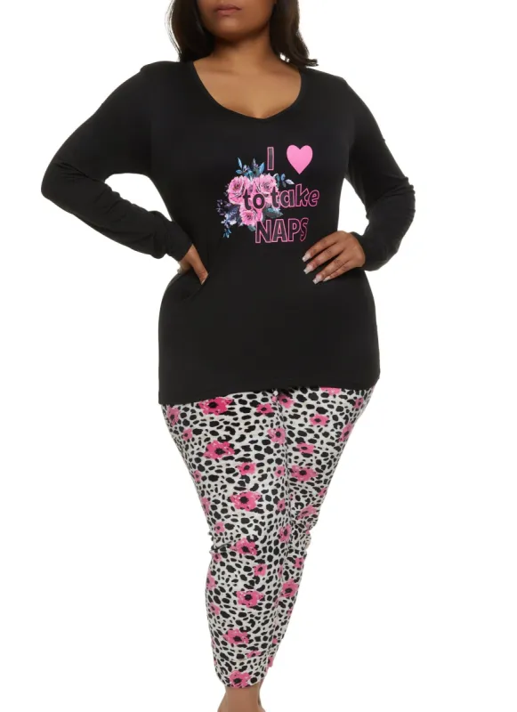 Plus Size Floral Graphic Long Sleeve Pajama Top and Pants sold by Rainbow