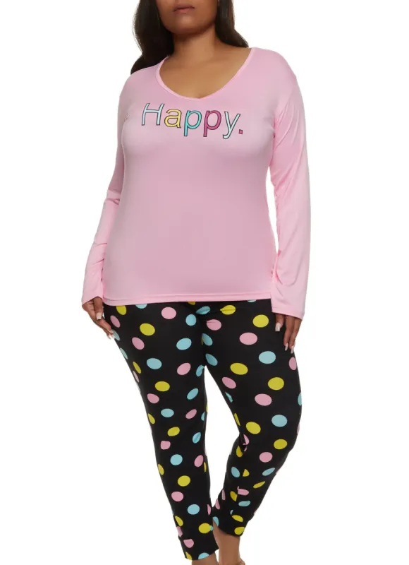 Plus Size Happy Long Sleeve Pajama Top and Pants sold by Rainbow