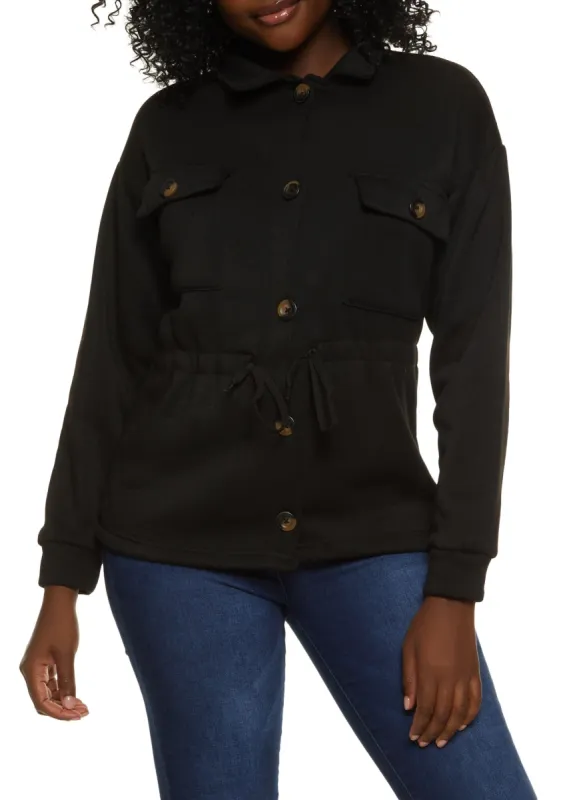 Fleece Button Front Drawstring Waist Peacoat sold by Rainbow