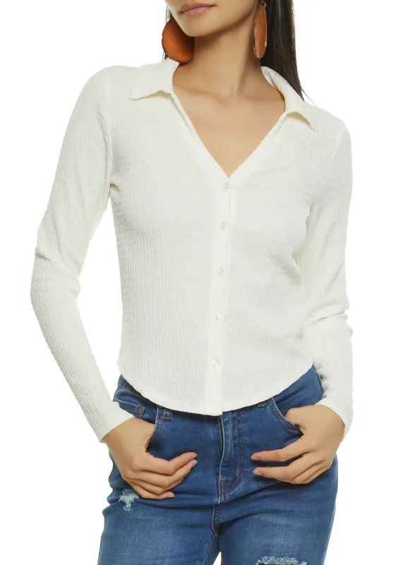 Textured Knit Long Sleeve Button Front Shirt sold by Rainbow