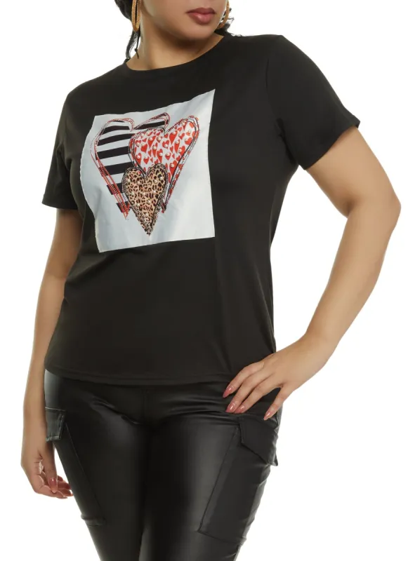 Plus Size Heart Graphic Studded Patch Tee sold by Rainbow