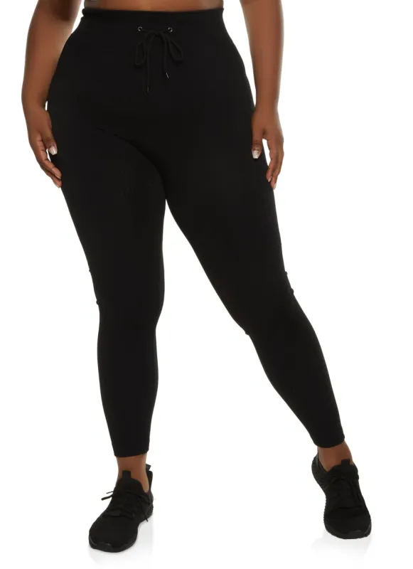 Plus Size Ribbed Faux Drawstring Leggings sold by Rainbow