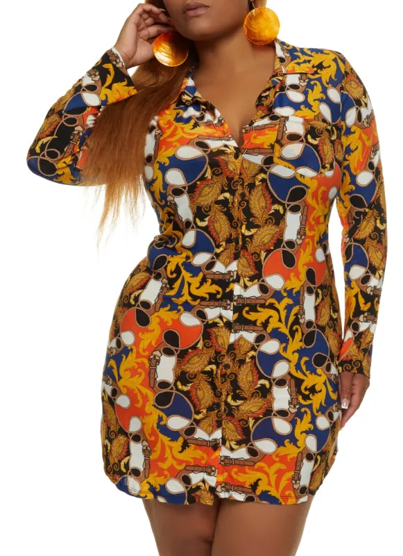Plus Size Rope Status Print Button Front Shirt Dress sold by Rainbow