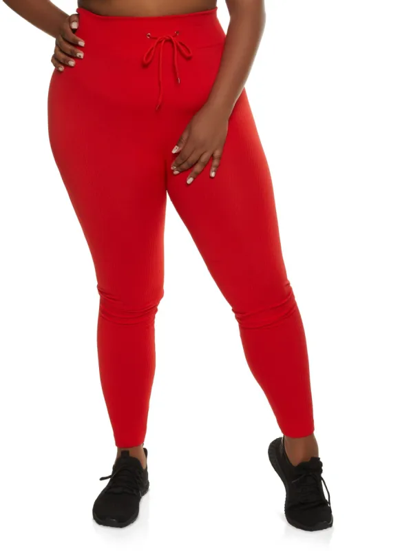 Plus Size Ribbed Faux Drawstring Leggings sold by Rainbow