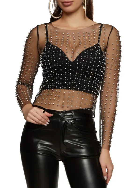 Mesh Faux Pearl Rhinestone Long Sleeve Top sold by Rainbow
