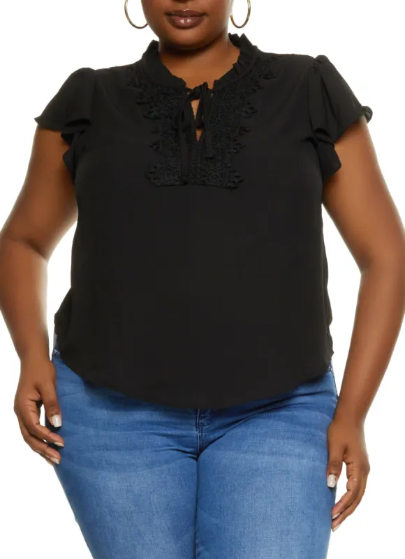 Plus Size Crochet Detail High Neck Blouse sold by Rainbow