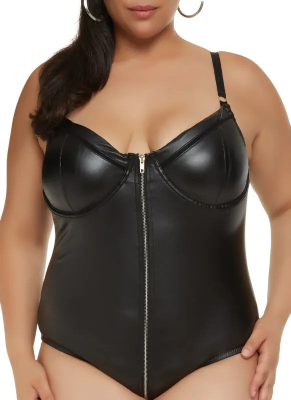 Plus Size Faux Leather Zip Front Bustier Bodysuit sold by Rainbow