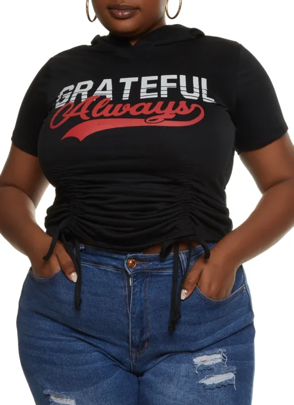 Plus Size Always Grateful Ruched Front Hooded Top sold by Rainbow