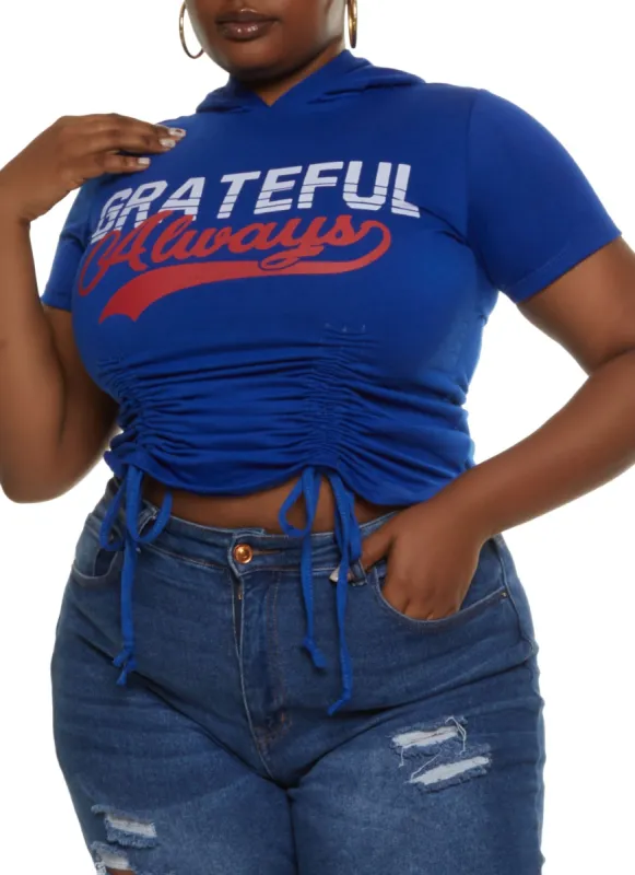 Plus Size Always Grateful Ruched Front Hooded Top sold by Rainbow