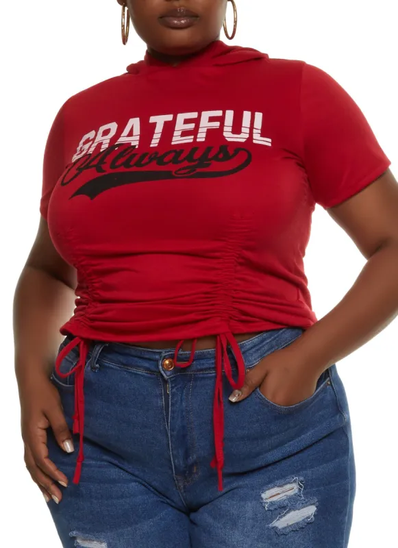 Plus Size Always Grateful Ruched Front Hooded Top sold by Rainbow