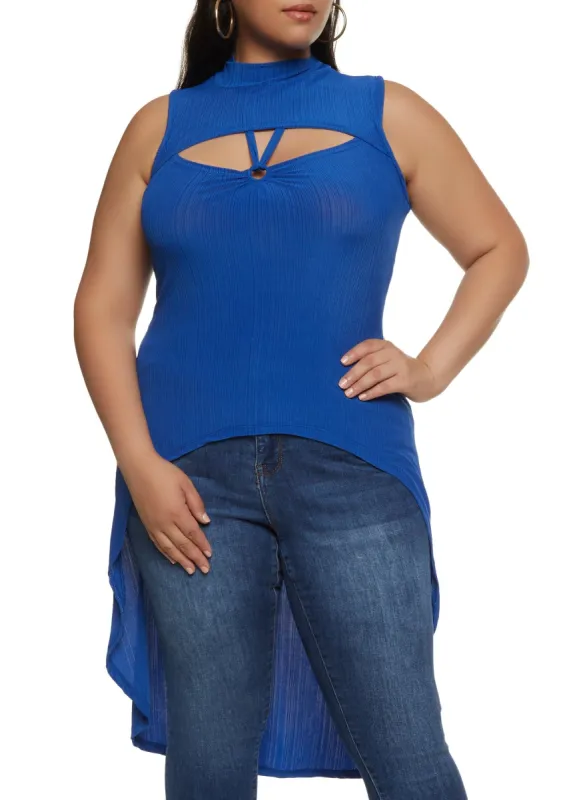 Plus Size Mock Neck Ribbed Cut Out High Low Top sold by Rainbow
