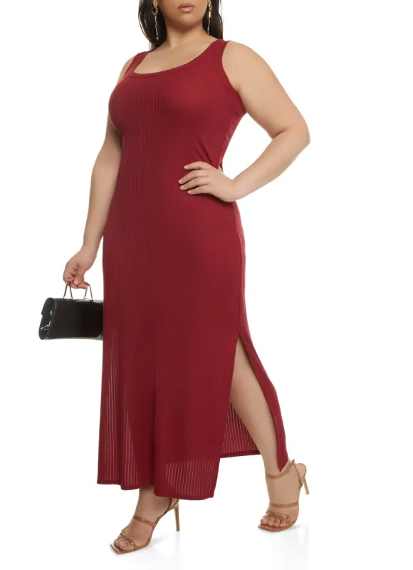 Plus Size Ribbed Knit Side Slit Maxi Tank Dress sold by Rainbow