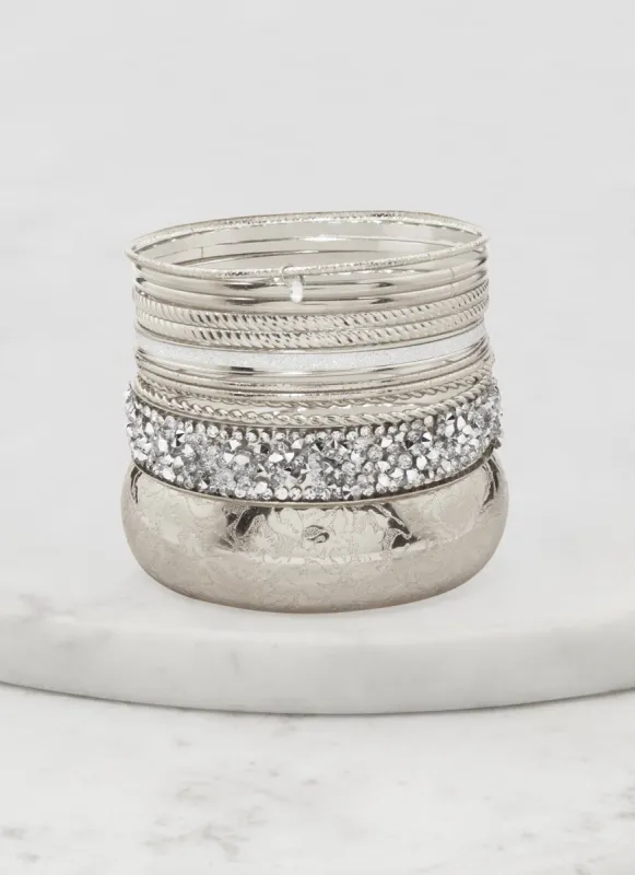 Plus Size Set of 12 Cubic Zirconia Textured Metallic Bangles sold by Rainbow