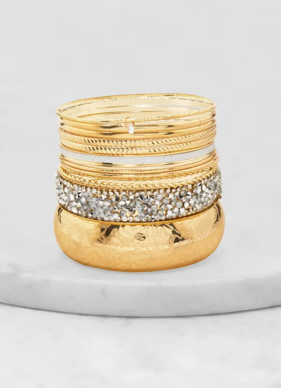 Plus Size Set of 12 Cubic Zirconia Textured Metallic Bangles sold by Rainbow