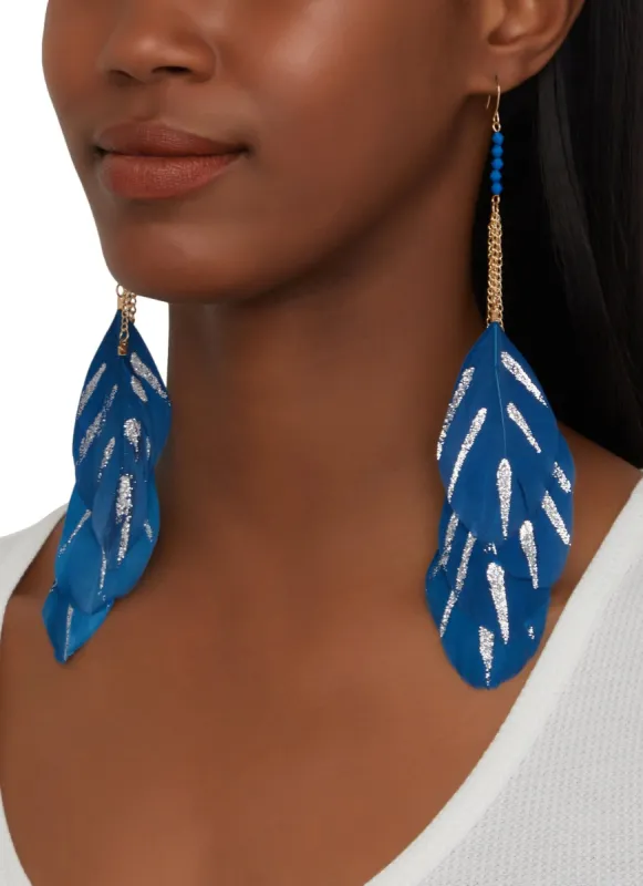 Glitter Detail Feather Drop Earrings sold by Rainbow
