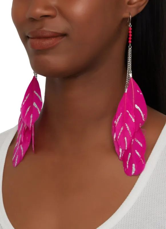 Glitter Detail Feather Drop Earrings sold by Rainbow