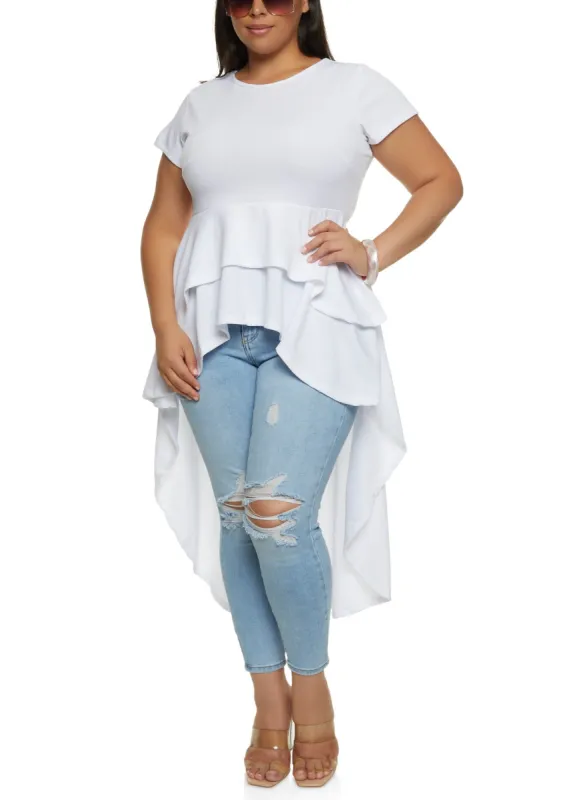 Plus Size Crew Neck Tiered High Low Shirt sold by Rainbow