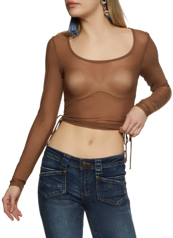 Long Sleeve Tie Side Mesh Crop Top sold by Rainbow
