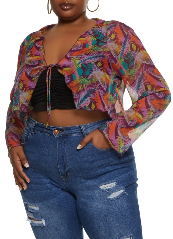 Plus Size Printed Sheer Tie Front Top sold by Rainbow