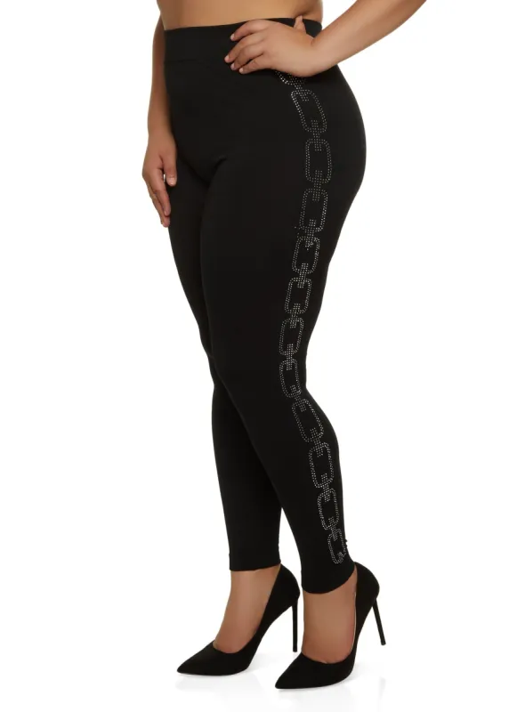 Plus Size Seamless Side Rhinestone Chain Link Leggings sold by Rainbow