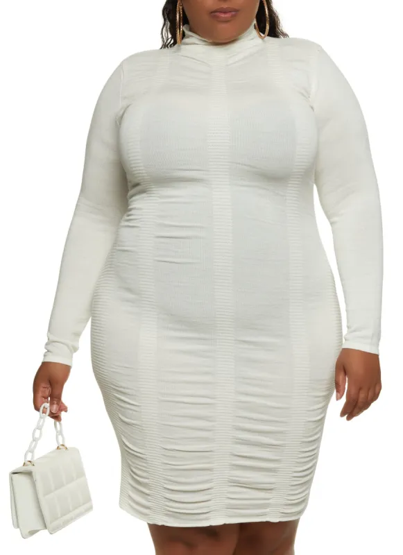 Plus Size Mock Neck Ruched Midi Dress sold by Rainbow