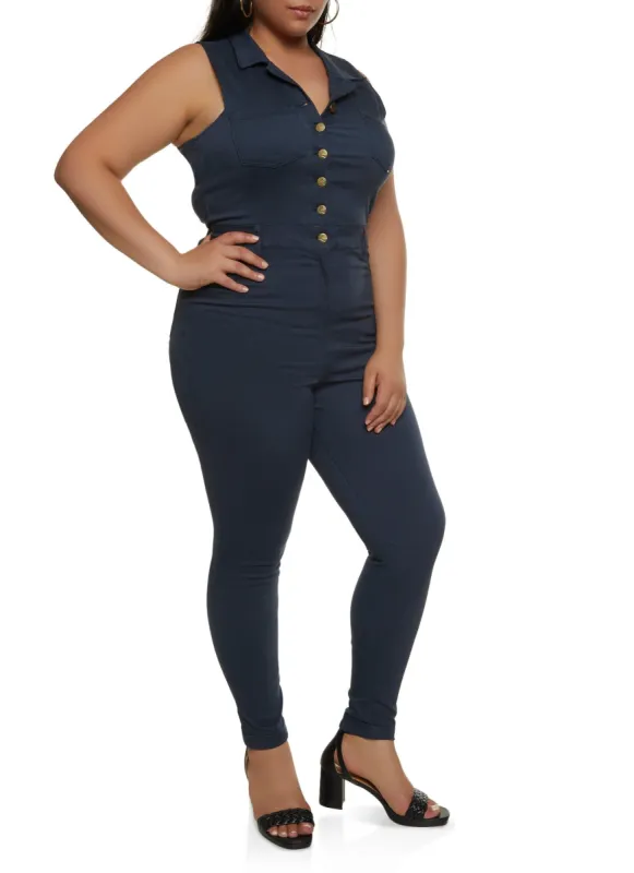 Plus Size Twill Button Front Hyper Stretch Jumpsuit sold by Rainbow