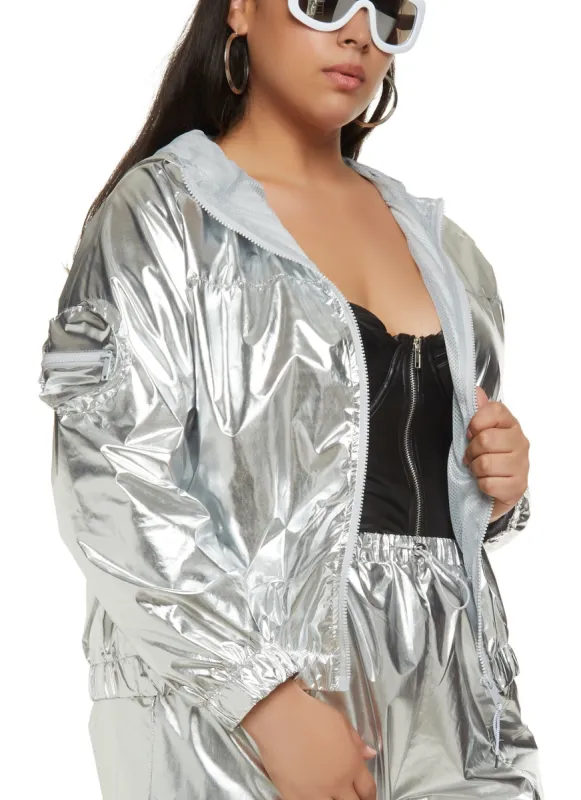 Plus Size Metallic Foiled Hooded Windbreaker Jacket sold by Rainbow