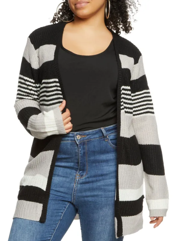 Plus Size Stripe Patterned Knit Cardigan sold by Rainbow