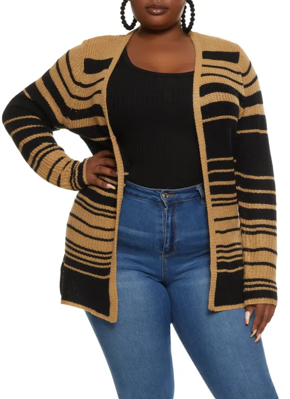 Plus Size Striped Open Front Cardigan sold by Rainbow