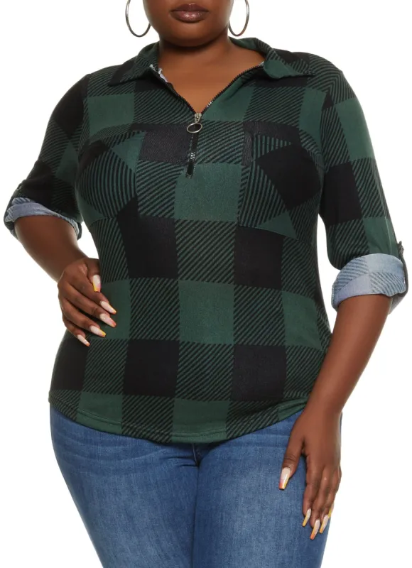 Plus Size Buffalo Plaid Half Zip Top sold by Rainbow