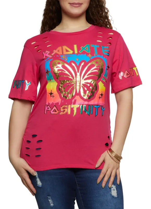 Plus Size Laser Cut Radiate Positivity Foil Graphic Tee sold by Rainbow