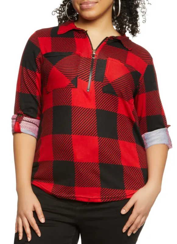 Plus Size Buffalo Plaid Half Zip Top sold by Rainbow