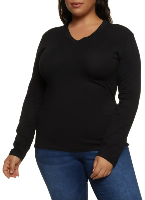 Plus Size Long Sleeve V Neck Basic Tee sold by Rainbow