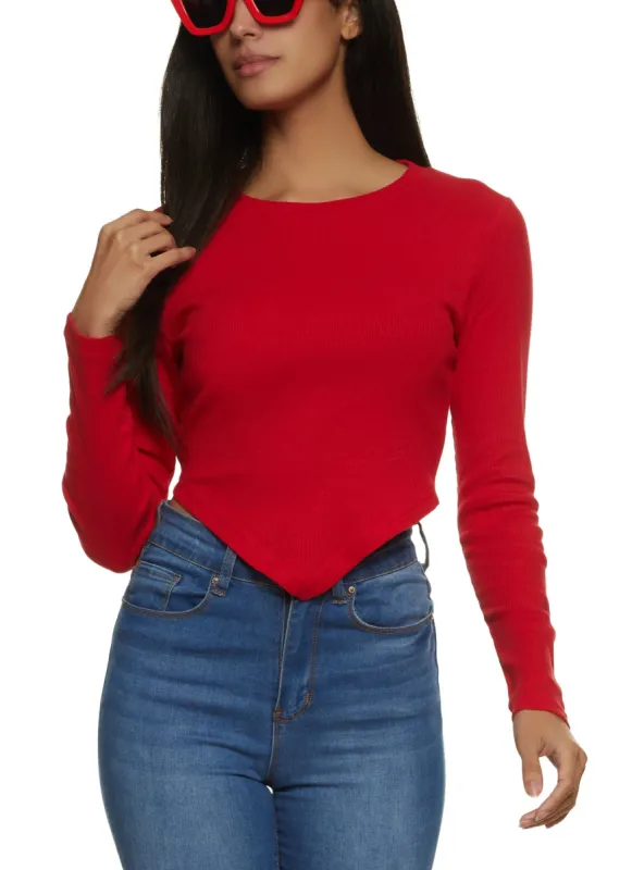 Rib Knit Long Sleeve Hanky Hem Top sold by Rainbow