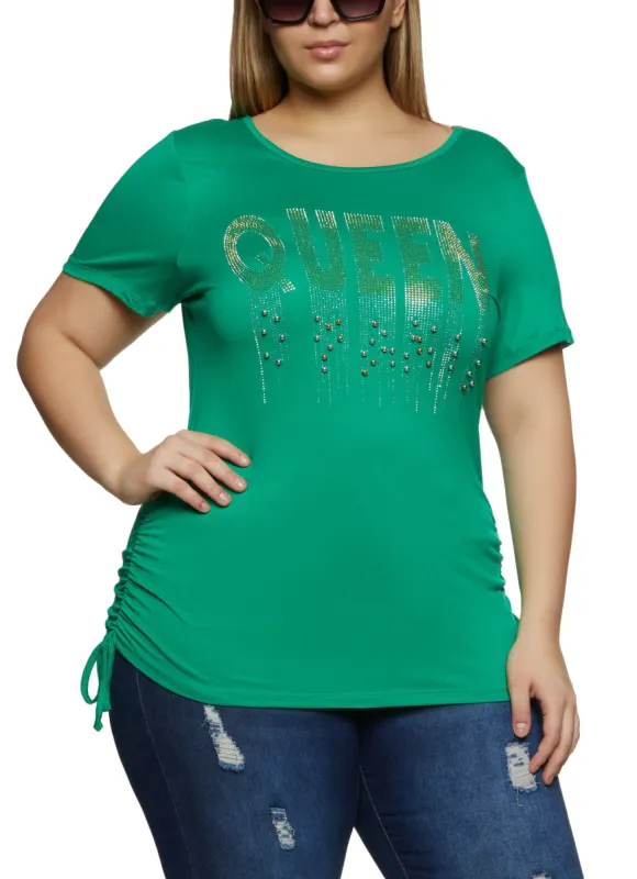 Plus Size Ruched Side Queen Embellished Graphic Top sold by Rainbow