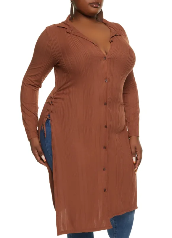 Plus Size Lace Up Side Button Down Maxi Shirt sold by Rainbow